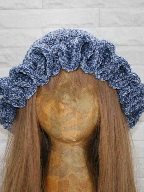 HAND CRAFTED Hat Crochet Bucket Chenille Winter Full Ruffle Blue Marled